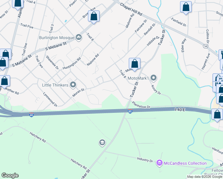 map of restaurants, bars, coffee shops, grocery stores, and more near 2407 Ashton Park Lane in Burlington