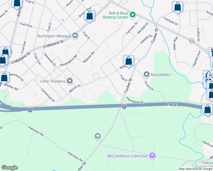 map of restaurants, bars, coffee shops, grocery stores, and more near 2407 Ashton Park Lane in Burlington