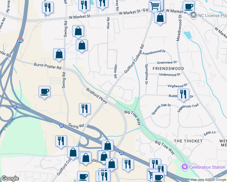 map of restaurants, bars, coffee shops, grocery stores, and more near 433 Guilford College Road in Greensboro