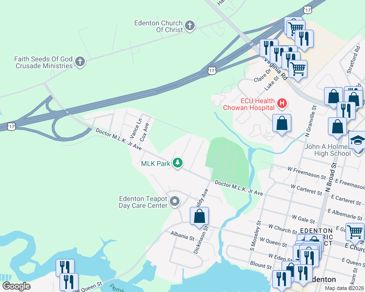 map of restaurants, bars, coffee shops, grocery stores, and more near 123 Valentine Avenue in Edenton