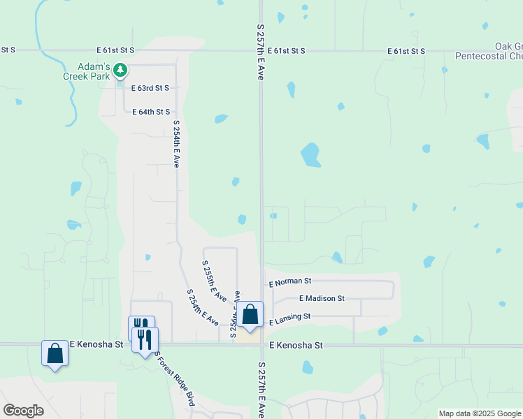 map of restaurants, bars, coffee shops, grocery stores, and more near 6609 South 257th East Avenue in Broken Arrow