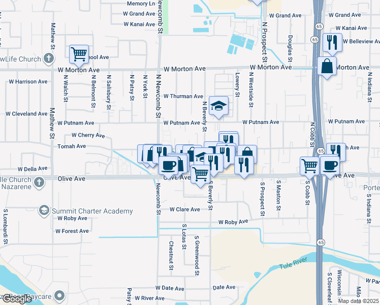 map of restaurants, bars, coffee shops, grocery stores, and more near 1481 Tomah Avenue in Porterville