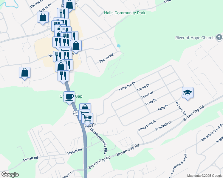 map of restaurants, bars, coffee shops, grocery stores, and more near 6717 Langston Drive in Knoxville