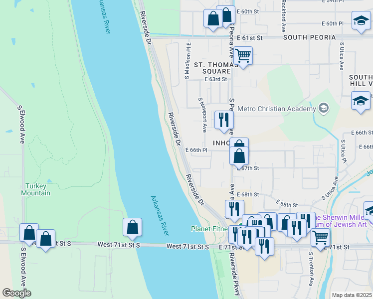 map of restaurants, bars, coffee shops, grocery stores, and more near 1013 East 66th Place in Tulsa