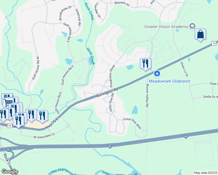 map of restaurants, bars, coffee shops, grocery stores, and more near 6796 Cobble Creek Road in Whitsett