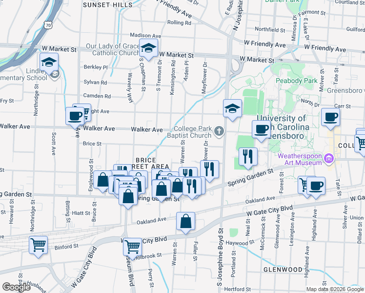 map of restaurants, bars, coffee shops, grocery stores, and more near Warren St & Brice St in Greensboro