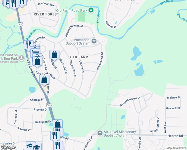 map of restaurants, bars, coffee shops, grocery stores, and more near 5227 Whippoorwill Street in Durham