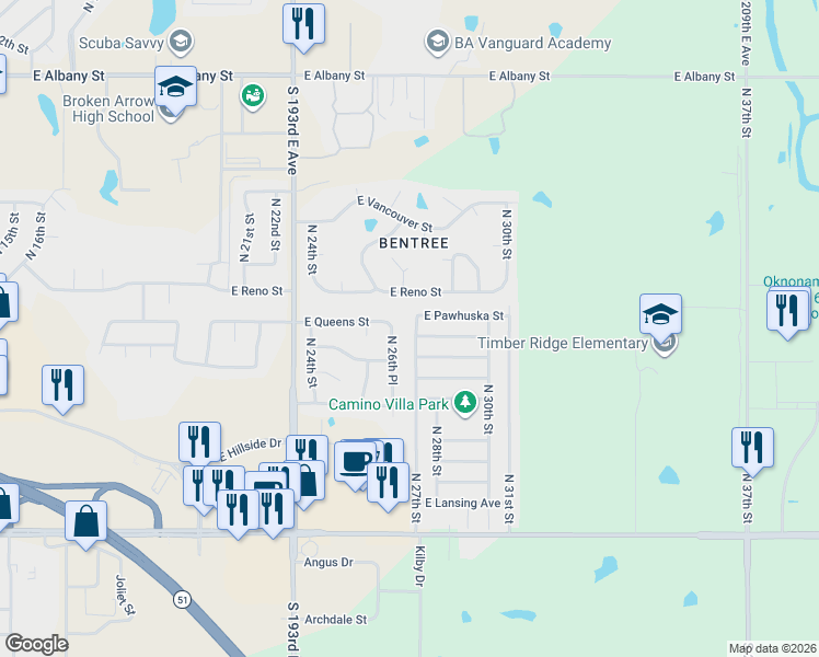 map of restaurants, bars, coffee shops, grocery stores, and more near 1412 North 27th Street in Broken Arrow