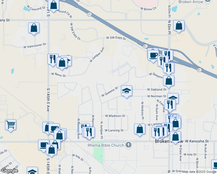 map of restaurants, bars, coffee shops, grocery stores, and more near 1408 North Ironwood Place in Broken Arrow