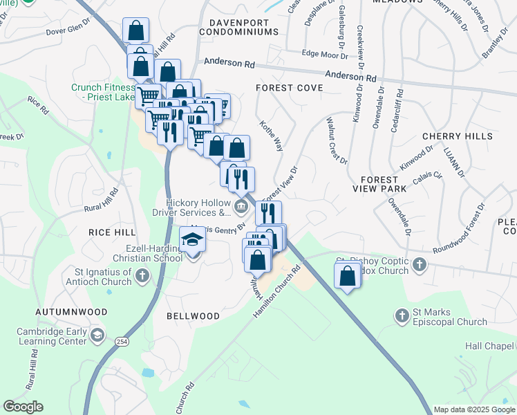 map of restaurants, bars, coffee shops, grocery stores, and more near 2501 Forest View Drive in Nashville