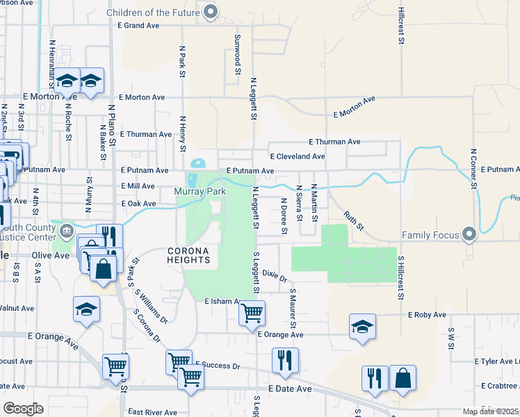 map of restaurants, bars, coffee shops, grocery stores, and more near 112 North Leggett Street in Porterville