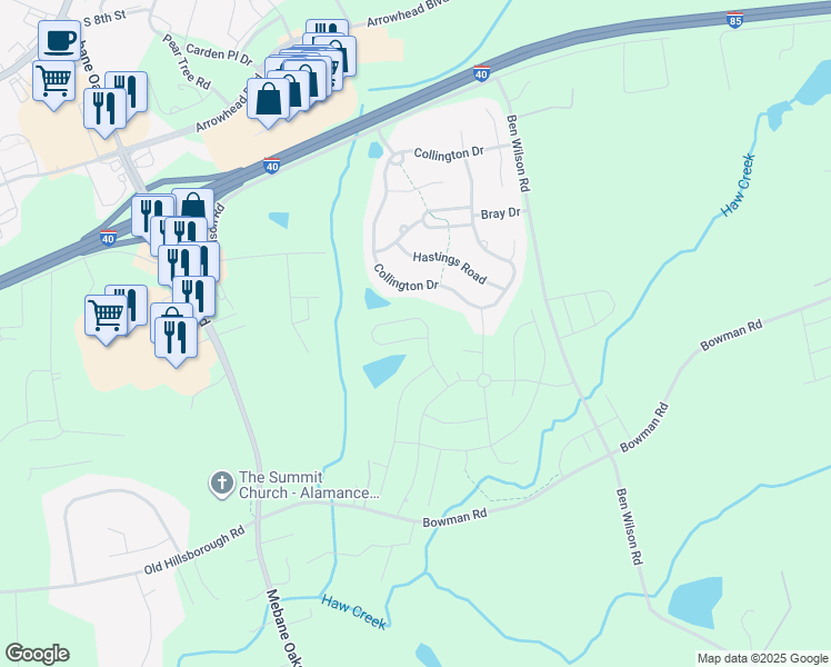 map of restaurants, bars, coffee shops, grocery stores, and more near 395 Shiloh Way in Mebane