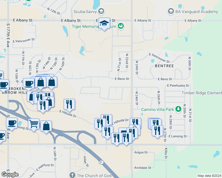 map of restaurants, bars, coffee shops, grocery stores, and more near 1521 North 20th Street in Broken Arrow