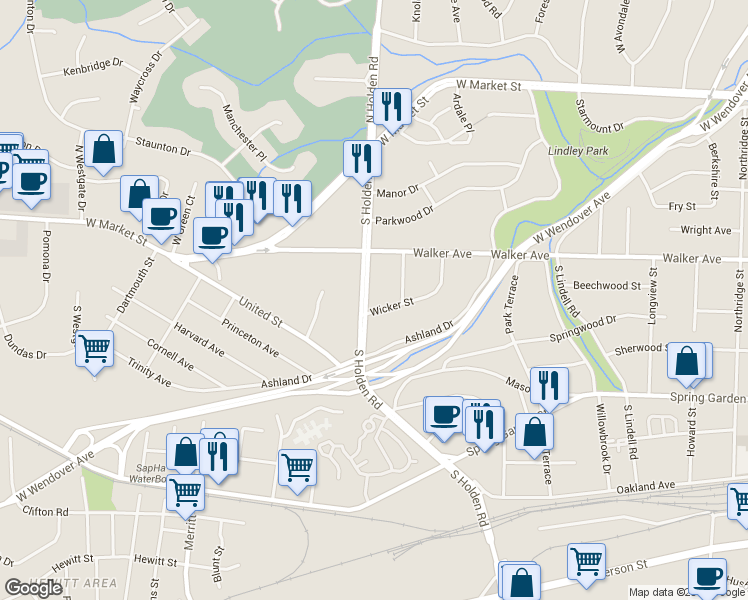 map of restaurants, bars, coffee shops, grocery stores, and more near 521 South Holden Road in Greensboro