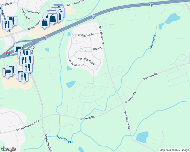 map of restaurants, bars, coffee shops, grocery stores, and more near 667 Southwick Place in Mebane