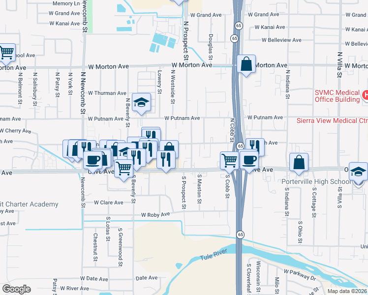 map of restaurants, bars, coffee shops, grocery stores, and more near 1203 Tomah Avenue in Porterville