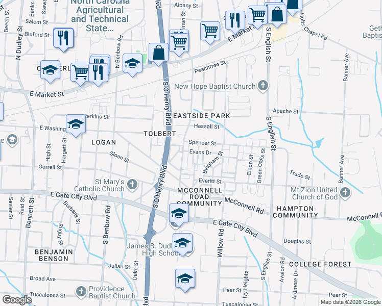 map of restaurants, bars, coffee shops, grocery stores, and more near 1802 Evans Drive in Greensboro