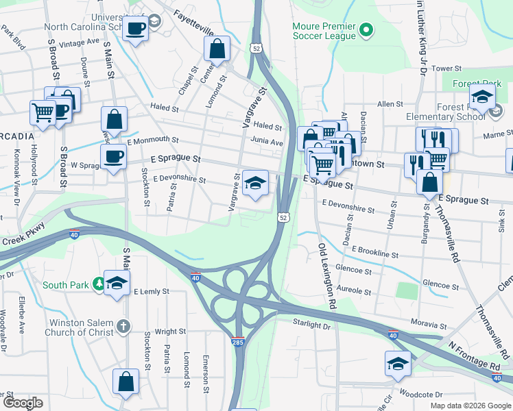 map of restaurants, bars, coffee shops, grocery stores, and more near 437 Goldfloss Street in Winston-Salem