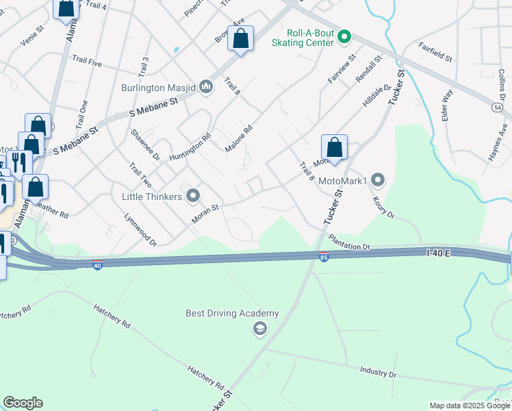 map of restaurants, bars, coffee shops, grocery stores, and more near 2495 Ashton Park Lane in Burlington