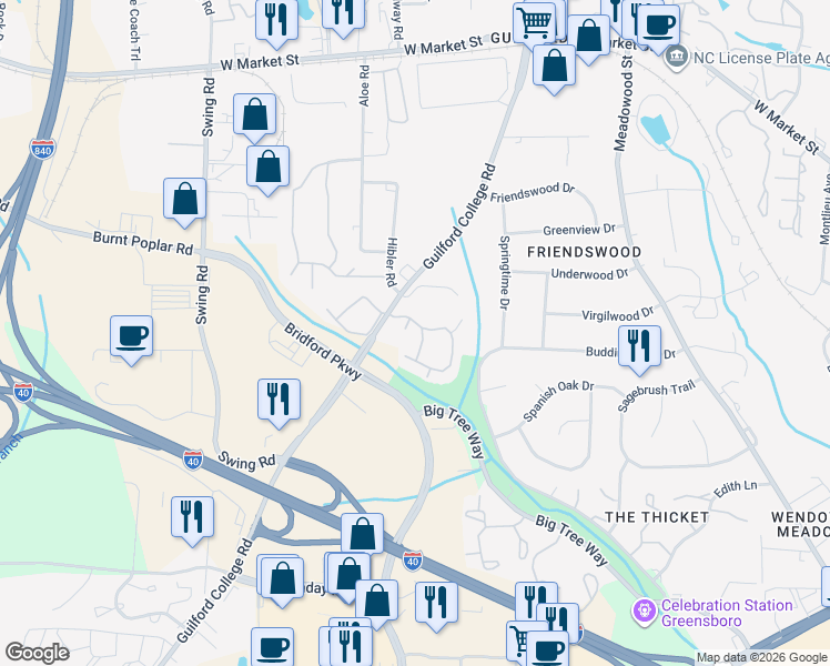 map of restaurants, bars, coffee shops, grocery stores, and more near 433 Guilford College Road in Greensboro