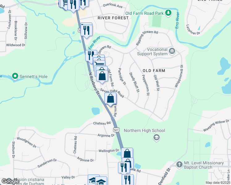 map of restaurants, bars, coffee shops, grocery stores, and more near 38 Riverwalk Terrace in Durham