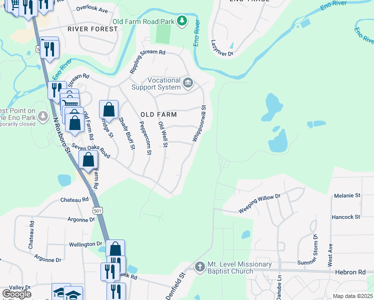 map of restaurants, bars, coffee shops, grocery stores, and more near 5227 Whippoorwill Street in Durham