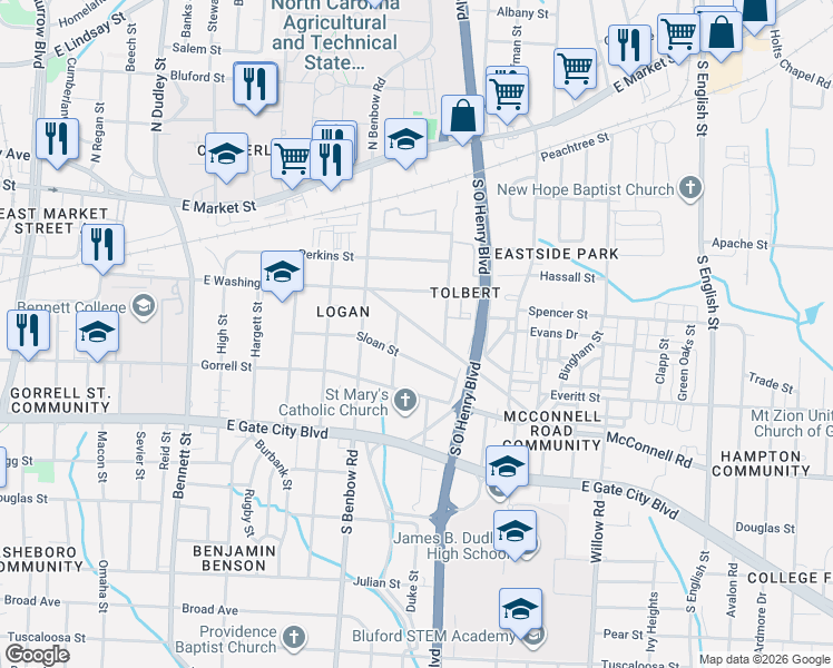 map of restaurants, bars, coffee shops, grocery stores, and more near in Greensboro
