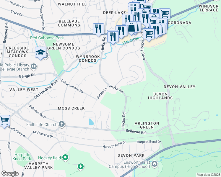 map of restaurants, bars, coffee shops, grocery stores, and more near 195 Hicks Road in Nashville