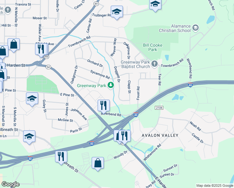 map of restaurants, bars, coffee shops, grocery stores, and more near 318 Doggett Dr in Graham