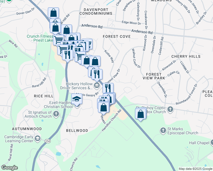 map of restaurants, bars, coffee shops, grocery stores, and more near 2501 Forest View Drive in Nashville