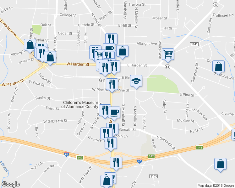 map of restaurants, bars, coffee shops, grocery stores, and more near 202 South Main Street in Graham