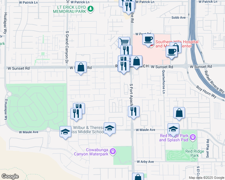 map of restaurants, bars, coffee shops, grocery stores, and more near 6653 South Sleepy Meadow Court in Las Vegas