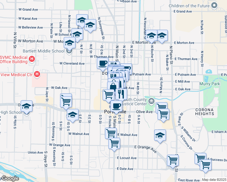 map of restaurants, bars, coffee shops, grocery stores, and more near 122 North Main Street in Porterville
