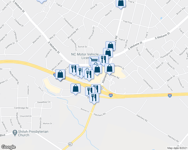 map of restaurants, bars, coffee shops, grocery stores, and more near 2644 Ramada Road in Burlington
