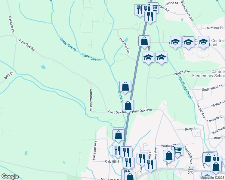map of restaurants, bars, coffee shops, grocery stores, and more near 260-360 Post Oak Road in Camden