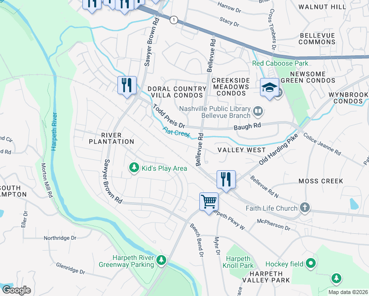 map of restaurants, bars, coffee shops, grocery stores, and more near 101 James Milton Court in Nashville