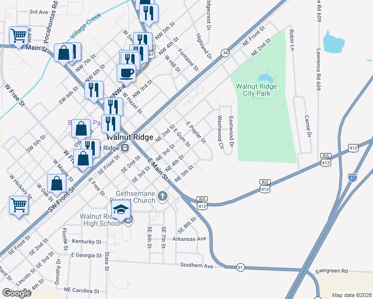 map of restaurants, bars, coffee shops, grocery stores, and more near 313 Northeast 4th Street in Walnut Ridge