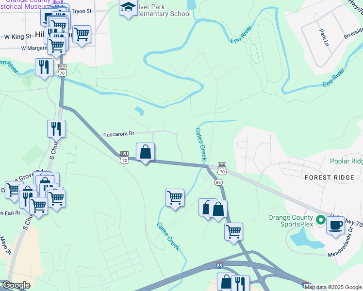 map of restaurants, bars, coffee shops, grocery stores, and more near 809 Morelanda Drive in Hillsborough
