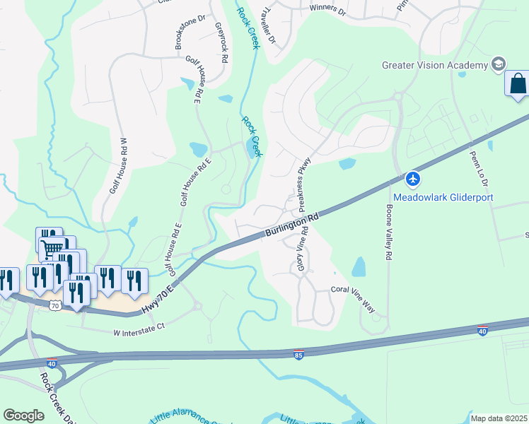 map of restaurants, bars, coffee shops, grocery stores, and more near 6796 Cobble Creek Road in Whitsett