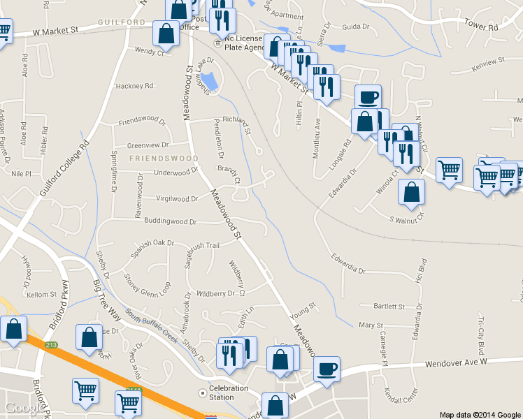 map of restaurants, bars, coffee shops, grocery stores, and more near 11 Meadowood Glen Way in Greensboro