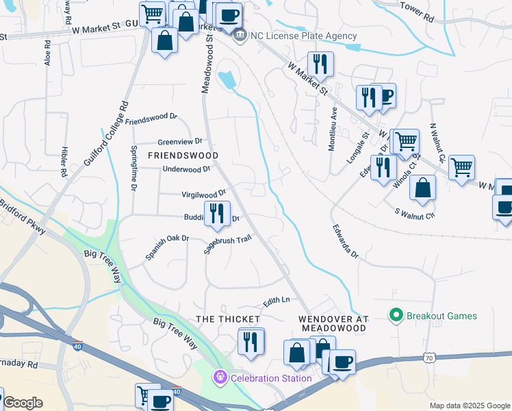 map of restaurants, bars, coffee shops, grocery stores, and more near 507 Meadowood Street in Greensboro
