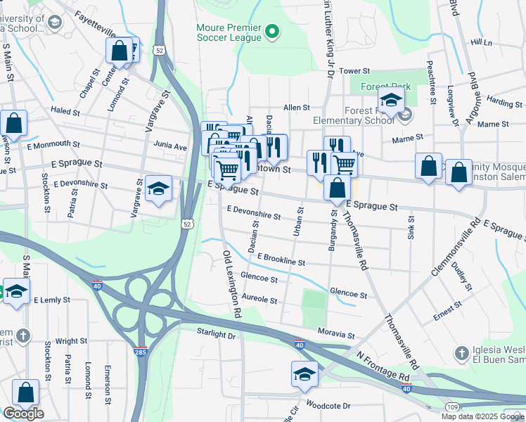 map of restaurants, bars, coffee shops, grocery stores, and more near 2321 Dacian Street in Winston-Salem