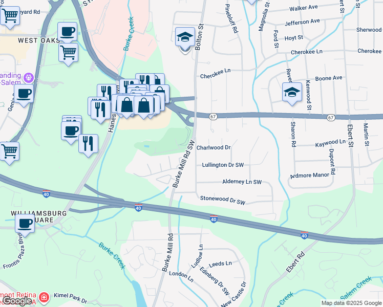 map of restaurants, bars, coffee shops, grocery stores, and more near 1640 Sandersted Road Southwest in Winston-Salem