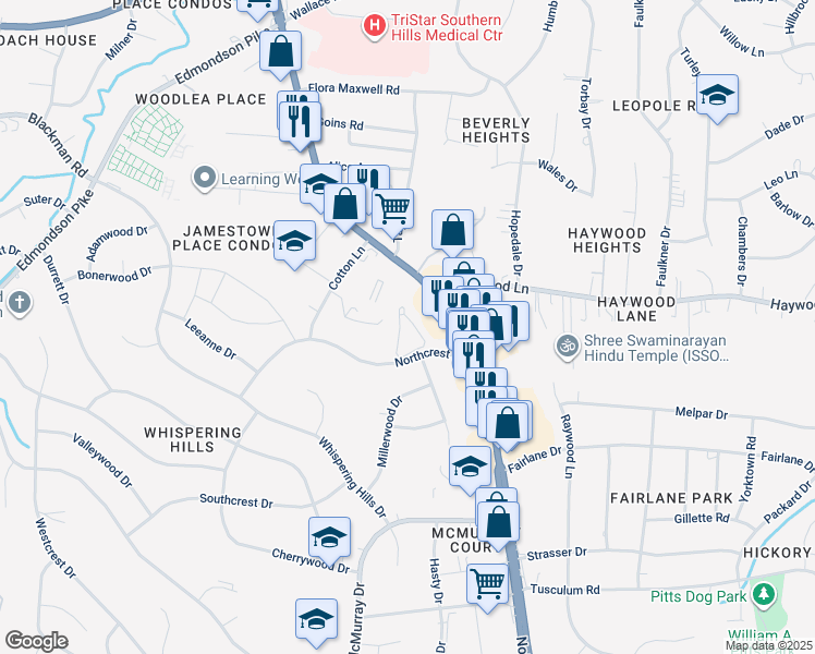 map of restaurants, bars, coffee shops, grocery stores, and more near 229 Northcrest Commons Circle in Nashville