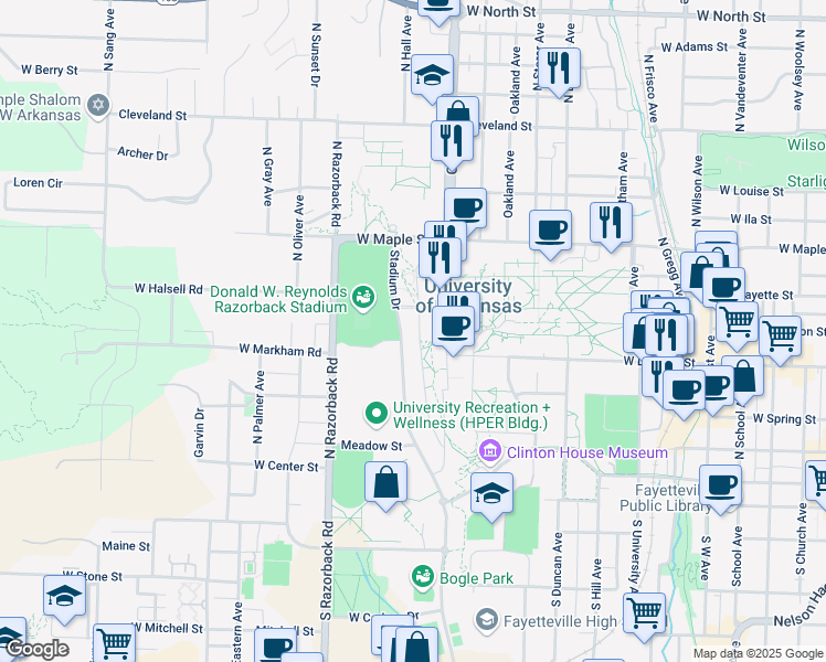 map of restaurants, bars, coffee shops, grocery stores, and more near 228-1010 Stadium Dr in Fayetteville