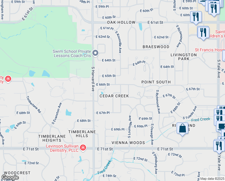 map of restaurants, bars, coffee shops, grocery stores, and more near 3507 East 66th Place in Tulsa