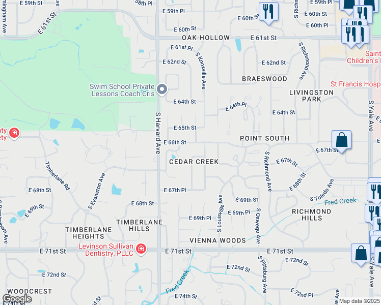 map of restaurants, bars, coffee shops, grocery stores, and more near 3507 East 66th Place in Tulsa