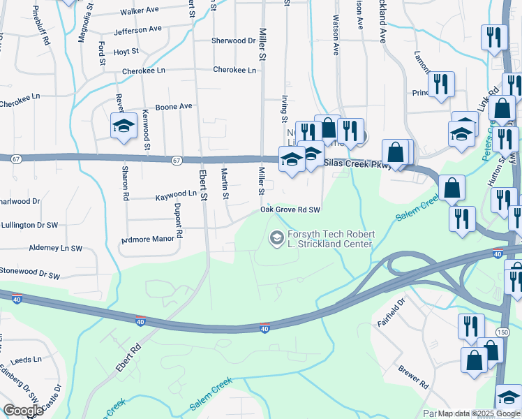 map of restaurants, bars, coffee shops, grocery stores, and more near 1001 Oak Grove Road Southwest in Winston-Salem