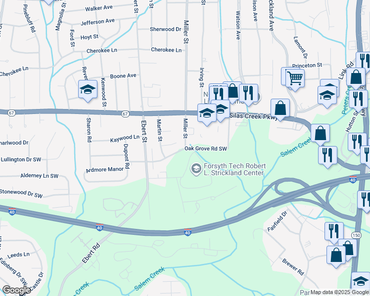 map of restaurants, bars, coffee shops, grocery stores, and more near 1001-1009 Oak Grove Road Southwest in Winston-Salem
