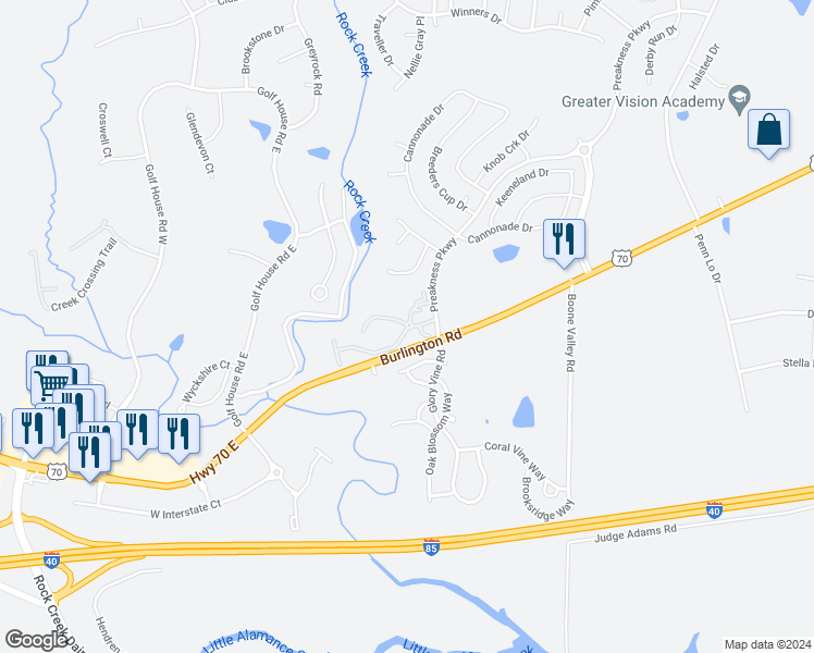 map of restaurants, bars, coffee shops, grocery stores, and more near 6791 Leaf Crest Drive in Whitsett